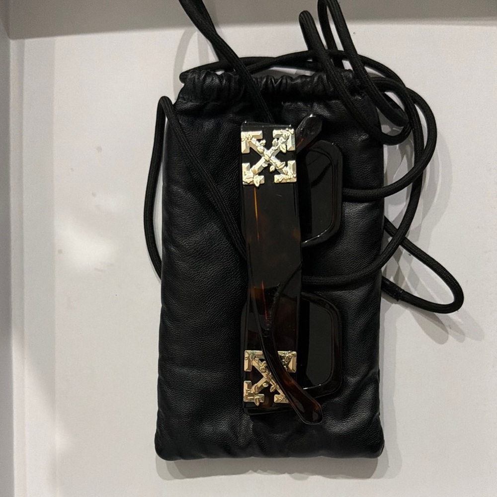 Black Leather Drawstring Crossbody Bag - Black